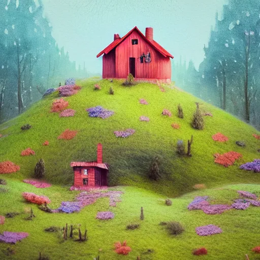 Image similar to small wooden house in the middle of spring forest, bright colours, watercolor, volumetric wool felting, macro photography, children illustration, by mike winkelmann