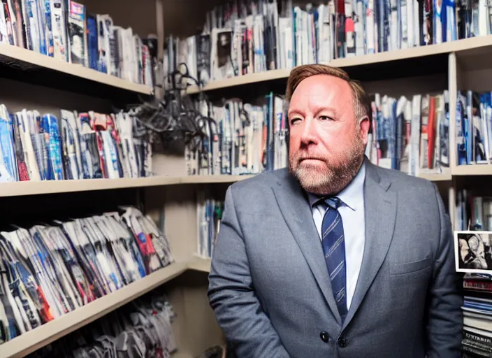 Image similar to dslr photo still of infowars host alex jones in a blue suit fat grey beard and mustache in a!!! room filled to the ceiling with newspapers!!!, 5 2 mm f 1. 8