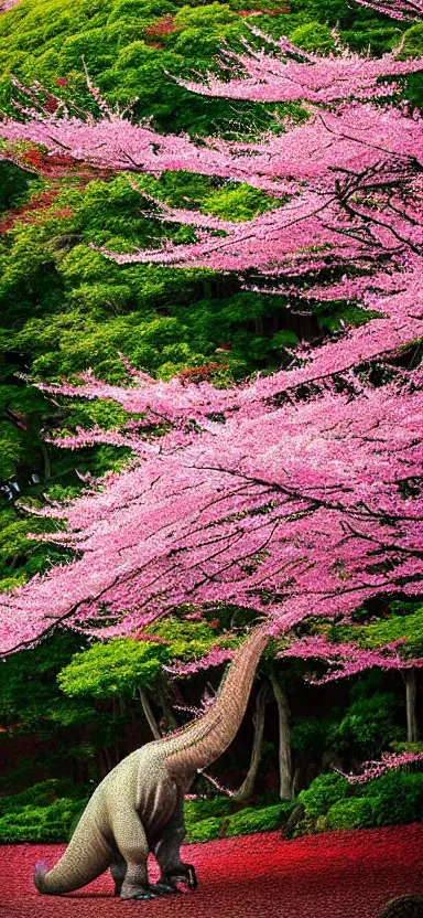 Image similar to “ a portrait photo of tyrannosaurus at a sakura tree, side shot, by shunji dodo, 8 k resolution, high quality ”