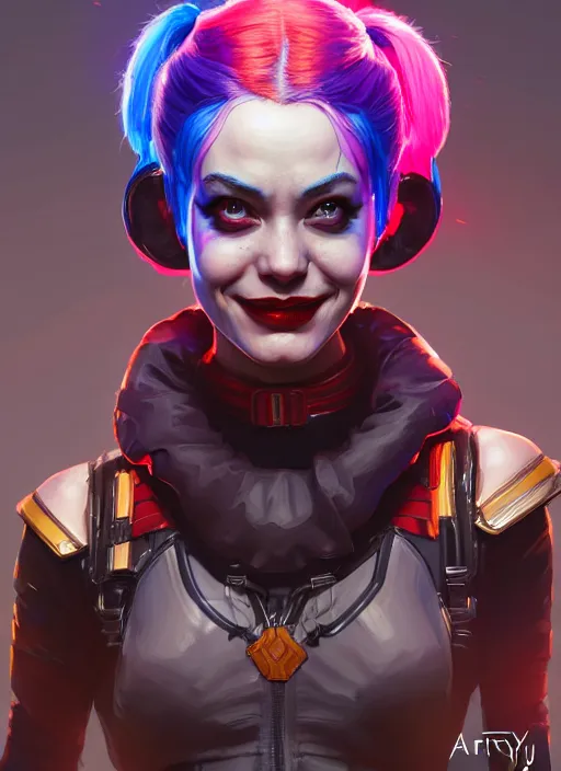 Image similar to portrait of apex legends harley quinn, intricate, elegant, glowing lights, highly detailed, digital painting, artstation, glamor pose, concept art, smooth, sharp focus, illustration, art by artgerm and greg rutkowski, artey freytag