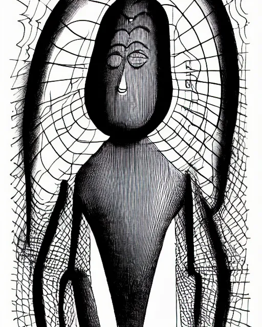 Image similar to portrait of a demon. Line drawing by Oskar Schlemmer. Pen and ink by Dali.