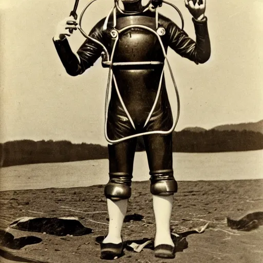 Prompt: detailed photo of a diver wearing an early diving suit. the diver is holding an electric guitar. the diver is on the moon. old diving suit pictures. old diving suit. early diving suit. old diving suit photos. detailed