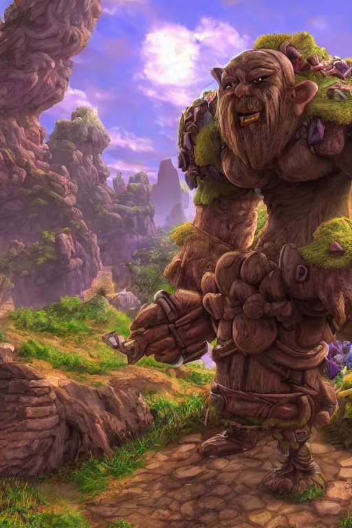 Image similar to zelda fantasy art giant golem troll wood rock greeble gemstone, global illumination ray tracing hdr fanart arstation by sung choi and eric pfeiffer and gabriel garza and casper konefal