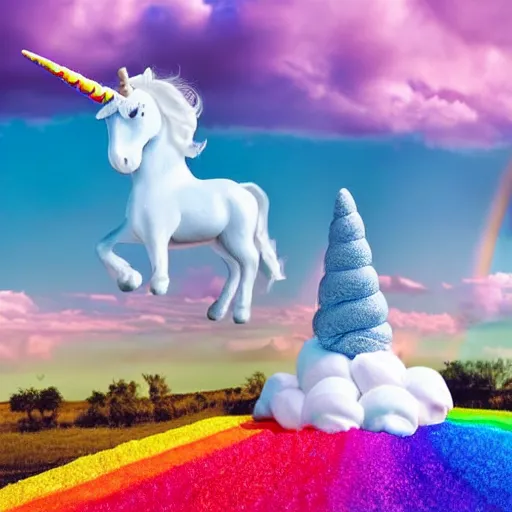 Prompt: in a giant field made of cotton candy with grazing unicorn, a marshmallow shaped as a housed with a whipped cream as roof and candies as windows and lollipop as chimney, very colorful rainbow effect, saturated color, kid dream, warm,delicious, sweet