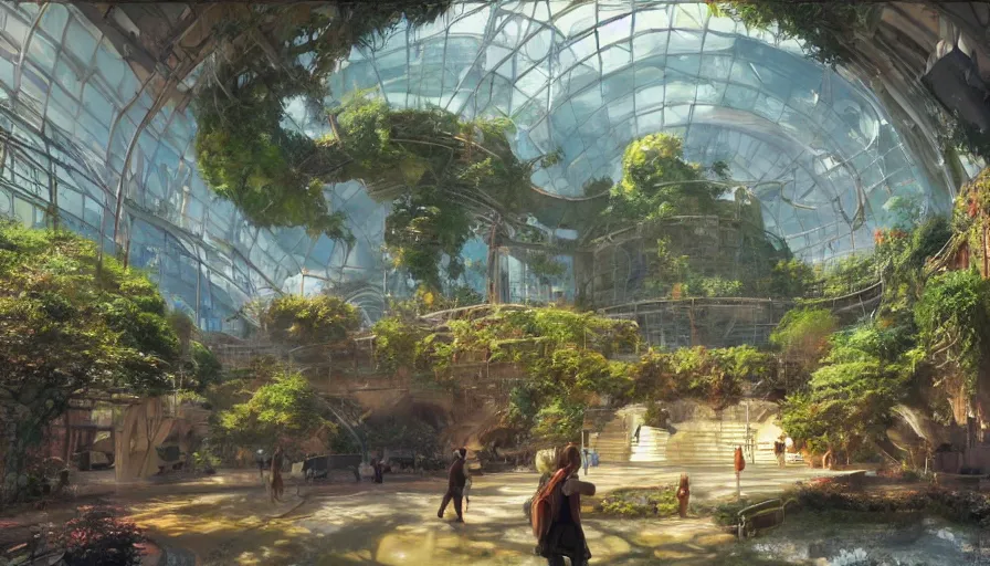 Image similar to craig mullins and ghibli digital illustration of the interior of the largest biodome in the world, colorful, unreal engine, hyper realism, realistic shading, cinematic composition, realistic render, octane render, detailed textures, photorealistic, wide shot,