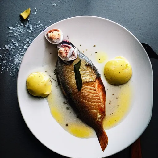 Image similar to high resolution photo of fish with ice cream, michelin star, very tasty, food photography, instagram, trending