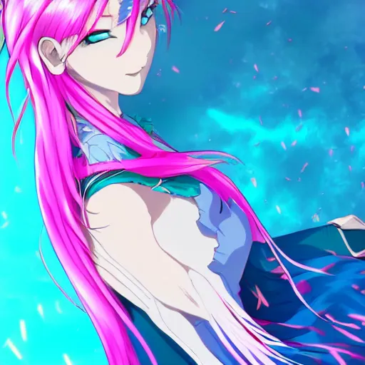 Prompt: stunningly beautiful omnipotent anime goddess with pink hair and mesmerizing cyan eyes, 8 k