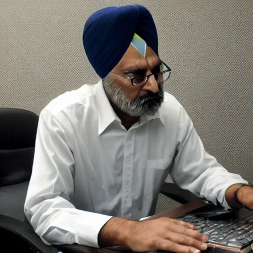 Image similar to Inderjit gill sitting at a computer looking lost, photograph, high quality