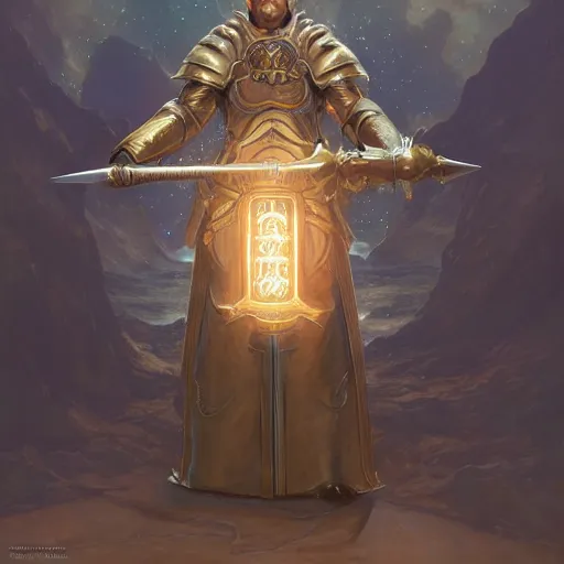 Image similar to anthropomorphic shiba inu, paladin armor, holding sword glowing holy light aura, fantasy, holy light, portrait art by donato giancola and greg rutkowski, realistic face, visible holy aura, digital art, trending on artstation, symmetry