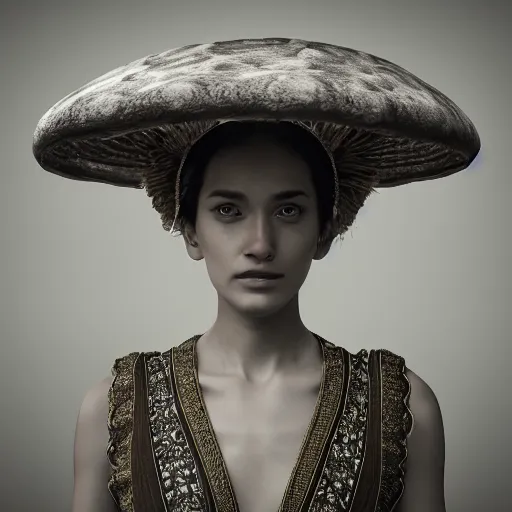 Image similar to mushroom goddess with extremely elegant headdress with group of elders in a ceremony for plant medicine, beautiful, marvelous designer, cloth physics, mocap, deviantart, yoshitaka amano, alex grey, black and white, beautiful lighting, photorealistic, concept art, perfect render, 3 d render, unreal engine, 8 k