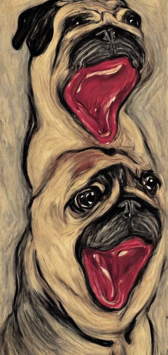 Image similar to a mouth-opened pug in shock , in the Style of The Scream , painted by Edvard Munch