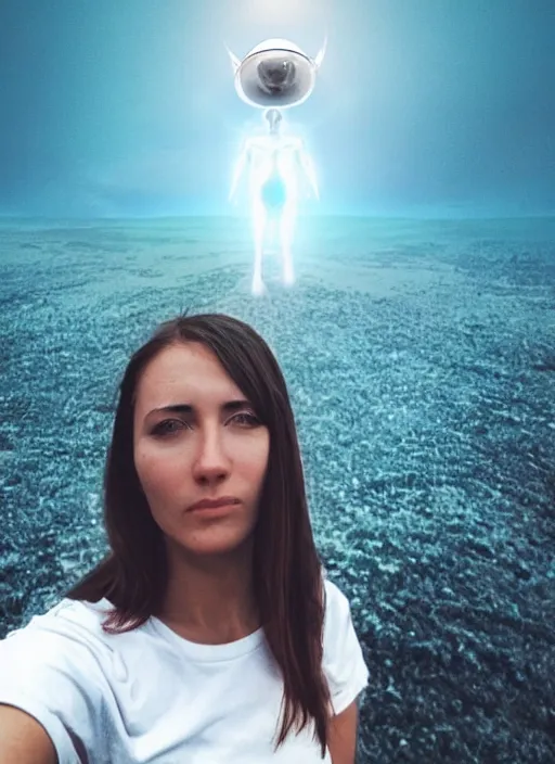 Image similar to front camera instagram selfie of a woman who is stood infront of an alien invasion of the earth, highly detailed, 4k