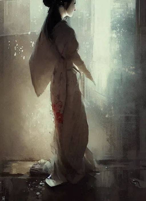 Image similar to female geisha girl, beautiful face, rule of thirds, intricate outfit, spotlight by greg rutkowski, by jeremy mann, digital painting