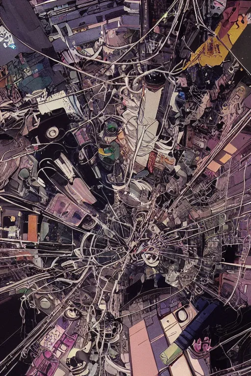 Prompt: a hyper-detailed cyberpunk illustration of a group of female androids' bodies torn apart, with cables and wires coming out, lying scattered in various poses over an empty floor, by masamune shirow and katsuhiro otomo, seen from above, japan 1980s, no background