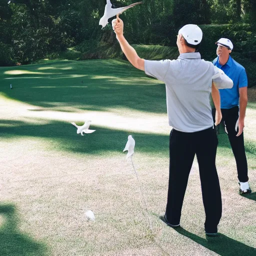 Image similar to man golfing and pointing to a bird who stole the ball, audience looking and laughing