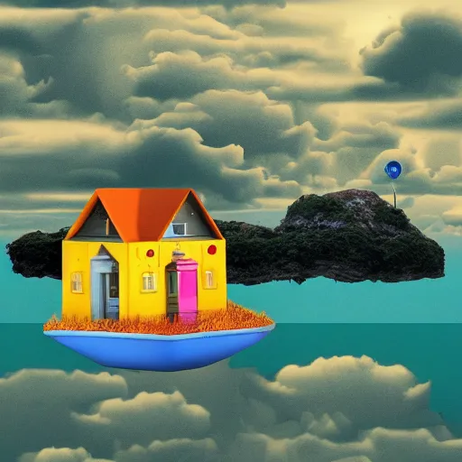 Image similar to a picture of a floating island with a house on it, an album cover by Justin Currie, polycount, plasticien, made of plastic, concert poster, made of trash