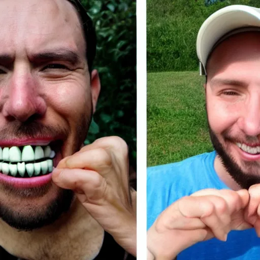 Prompt: photo of man with world record for most teeth in mouth