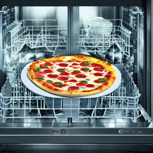 Image similar to a pizza in the dishwasher by simon stalenhag and robbert sammelin and eric persson, 4 k, hd wallpaper, hdr, tonemapping, detailed, atmospheric, majestical lighting, saturated, wet