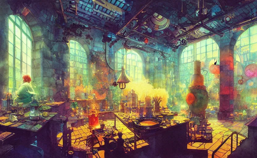 Image similar to alchemy laboratory, fantasy. intricate, amazing composition, colorful watercolor, by ruan jia, by maxfield parrish, by marc simonetti, by hikari shimoda, by robert hubert, by zhang kechun, illustration, gloomy