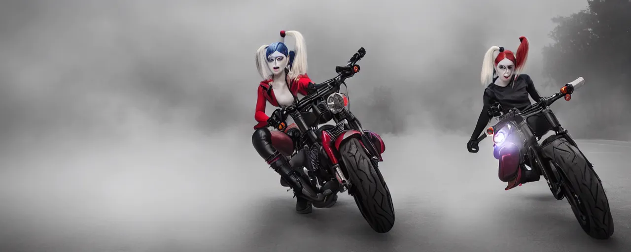 Image similar to real-life Harley Quinn riding a motorcycle holding a baseball bat, cinematic, Low angle, atmospheric fog and lighting