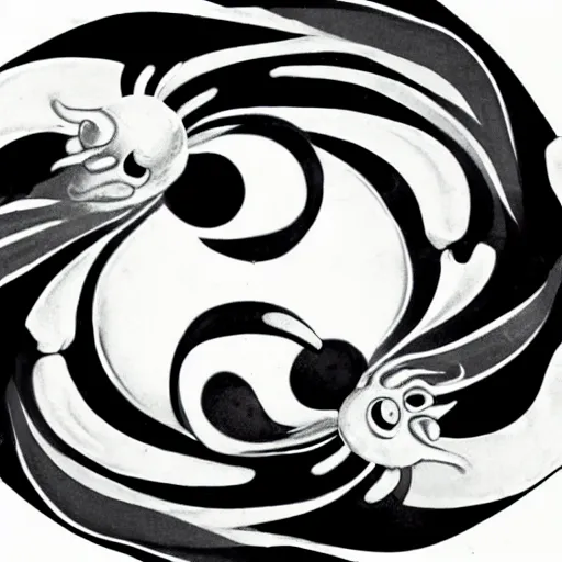 Prompt: whimsical yin Yang sea creatures as old black and white fleischer animation