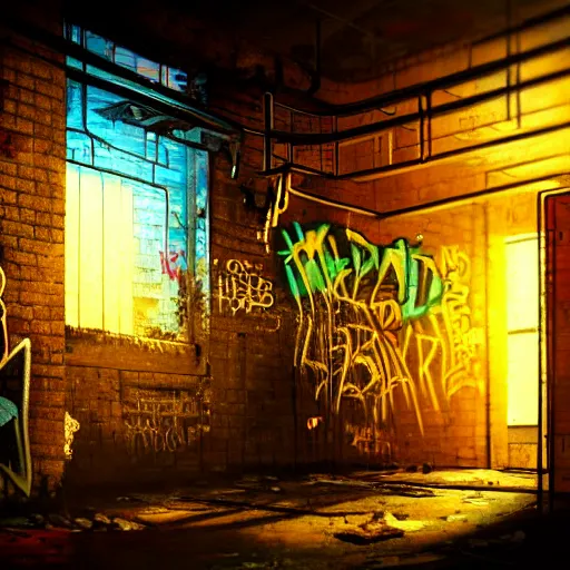 Image similar to graffiti on a wall in a run down building, happy mood, cyberpunk, high detail, golden light, realistic