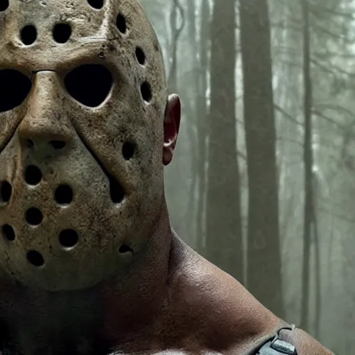 Image similar to Dwayne Johnson as Jason Voorhees 4K quality Super Realistic