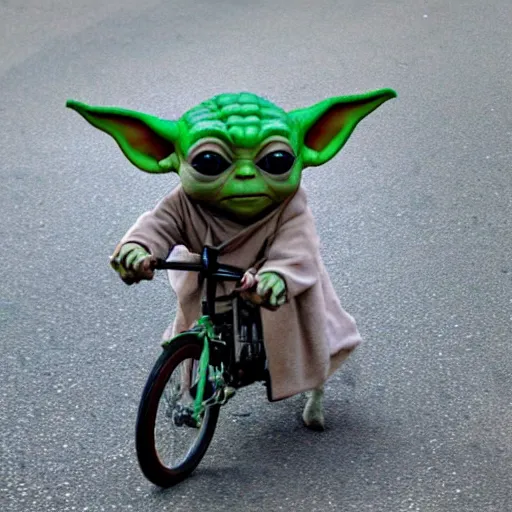 Image similar to baby yoda riding a bike