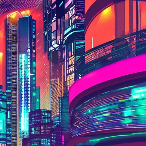 Image similar to Balcony view of a Cyberpunk city at night, architecture, detailed, neon lights and signs