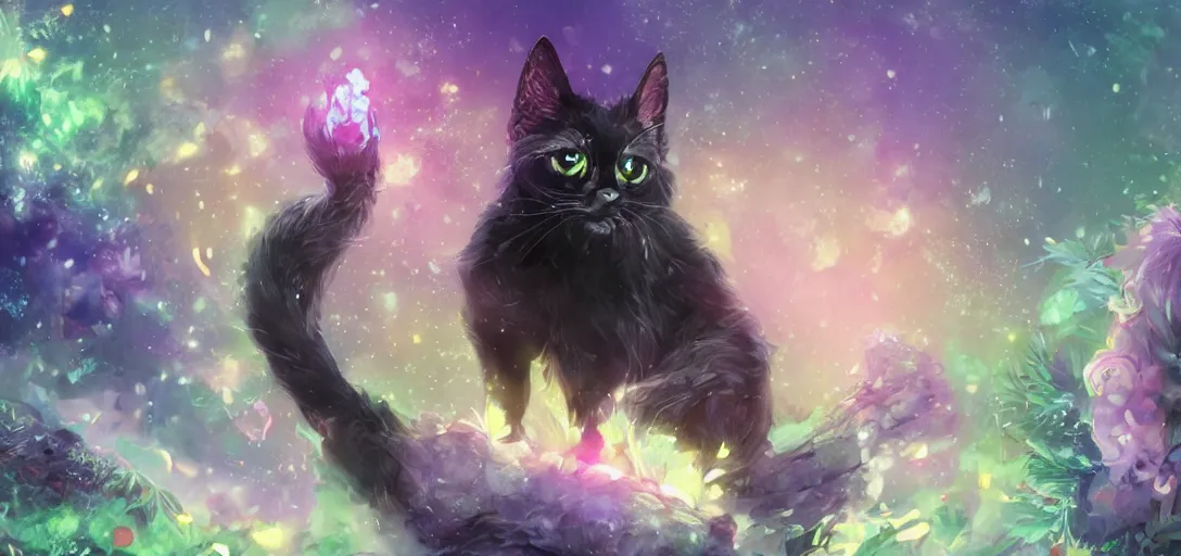 Image similar to ultra - realistic ultra - detailed adorable cute fluffy bioluminescent black cat in the style of ghibli kazuo oga, colorful fur, big ears, big purple eyes, forest landscape, dof, soft lighting, unreal engine, octane render