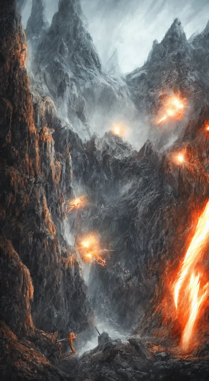 Image similar to gandalf shooting a balrog with a rocket launcher on the bridge of khazad dum, dark, fiery, mines of moria, lord of the rings aesthetic, in style of alan lee, cinematic, cinematic lighting, octane render, highly detailed