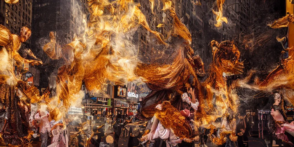 Image similar to 'Deamons unleashed in Times Square' by István Sándorfi royally decorated, whirling smoke, embers, gold encrustations , gilt silk torn fabric, radiant colors, fantasy, perfect lighting, studio lit, volumetric lighting, micro details, 3d sculpture,