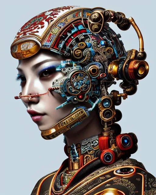 Prompt: portrait of a cyberpunk machine, machine face, upper half portrait, decorated with chinese opera motifs, asian, fine china, traditional chinese art, intricate, elegant, highly detailed, symmetry, headpiece, digital painting, artstation, concept art, smooth, sharp focus, illustration, art by artgerm and greg rutkowski and alphonse mucha, 8 k