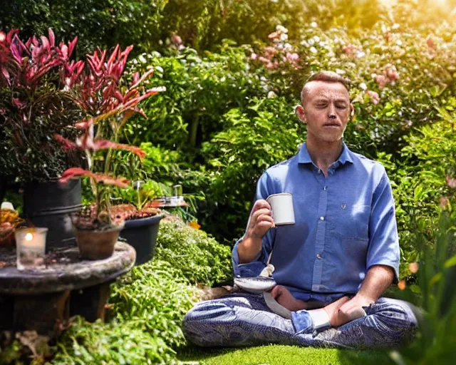 Image similar to mr robert is drinking fresh tea, smoke pot and meditate in a garden from spiral mug, detailed glad face, power arms, golden hour closeup photo, red elegant shirt, eyes wide open, ymmm and that smell