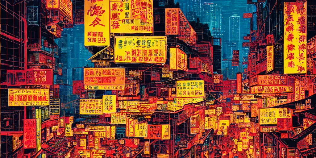 Prompt: artwork of a hong kong street, by dan mumford and wong kar - wai and peter doig, highly detailed, dramatic lighting, 8 k