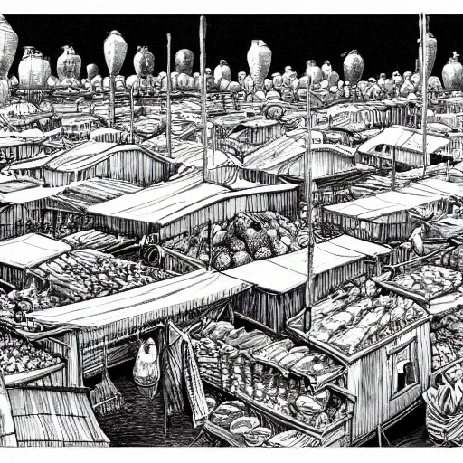 Prompt: a black and white drawing of a busy fish market stretching to the horizon, a storybook illustration by mattias adolfsson, behance contest winner, modern european ink painting, matte drawing, storybook illustration, panoramic, isometric