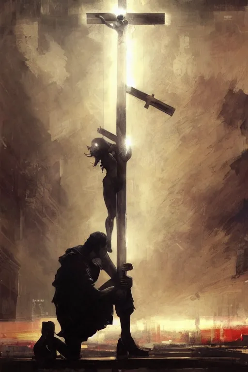 Image similar to man kneeling at the foot of a wooden cross, dramatic lighting art by Yoji Shinkawa by Richard Schmid by greg rutkowski by Sandra Chevrier by Jeremy Lipking cinematic dramatic, by frank miller, illustration by Ruan Jia and Mandy Jurgens and William-Adolphe Bouguereau, Artgerm, 4k, digital art, surreal, space dandy style, highly detailed, godsend, artstation, digital painting, concept art, smooth, sharp focus, illustration by Ruan Jia and Mandy Jurgens and William-Adolphe Bouguereau, Artgerm