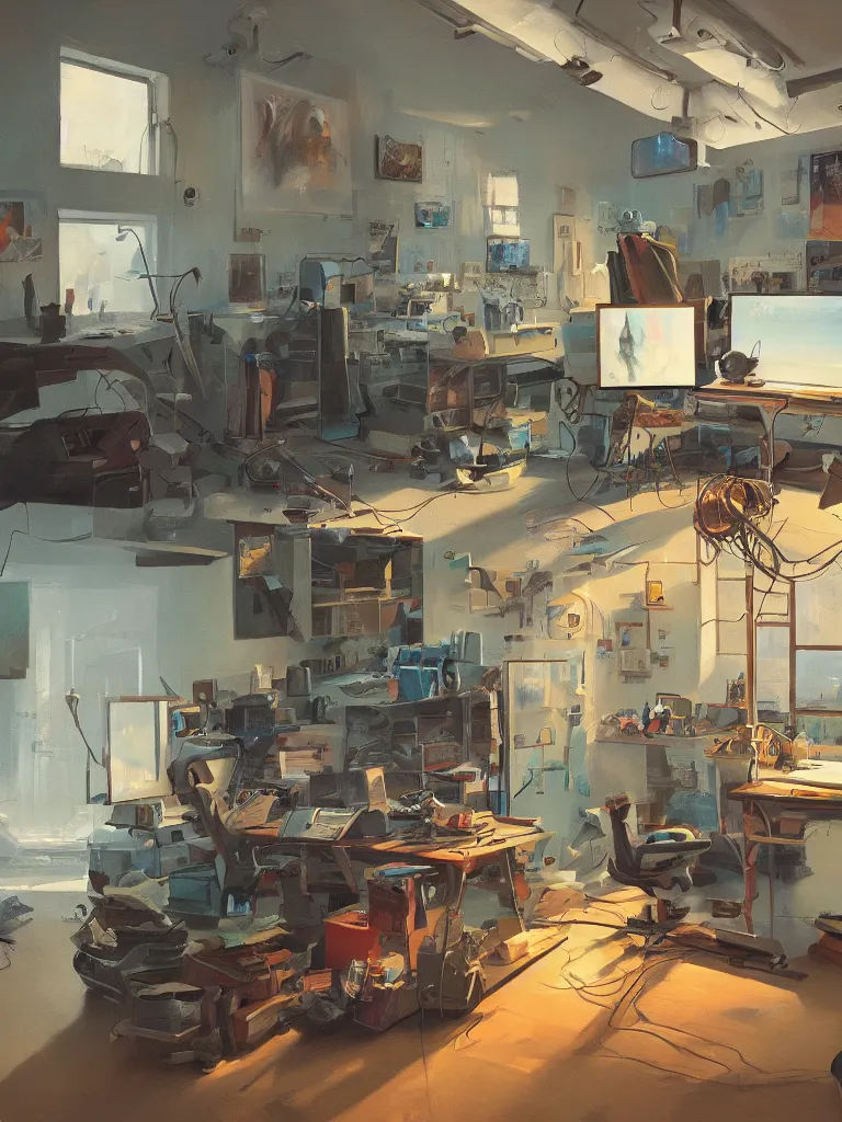 Prompt: an art studio in a painting from stalenhag, 4 k, 8 k, hdr, artstation, concept art