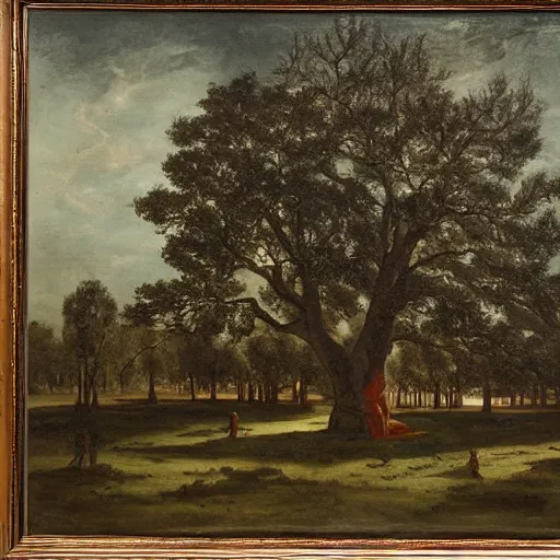 Image similar to huge tree with a lot of hanged bodies, southern gothic art, 1 9 th century scene, painted by friedrich caspar david