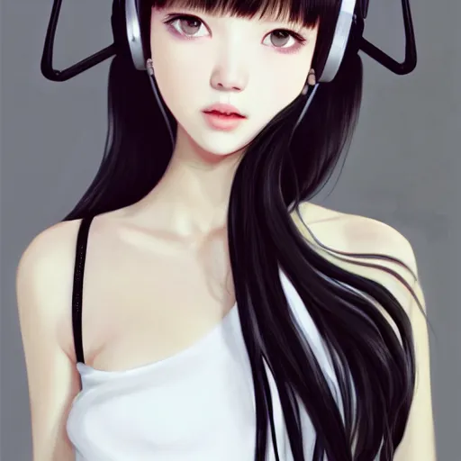 Image similar to realistic detailed semirealism beautiful gorgeous natural cute excited happy Blackpink Lalisa Manoban black hair black cat ears, wearing white camisole outfit, headphones, black leather choker artwork drawn full HD 4K high resolution quality artstyle professional artists WLOP, Aztodio, Taejune Kim, Guweiz, Pixiv, Instagram, Artstation