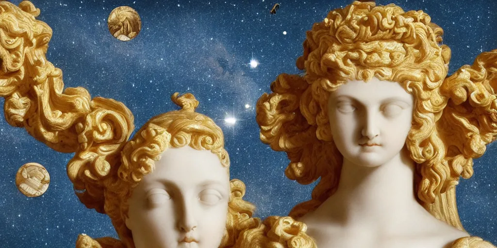 Prompt: MARBLE, ornate, majestic, baroque, saint Woman, Venus godness, beautiful, gracious, marble and gold, space, stars, clouds, sun, greeks, coerent face, fruits, Sky, Skies, bees, by annie leibovitz