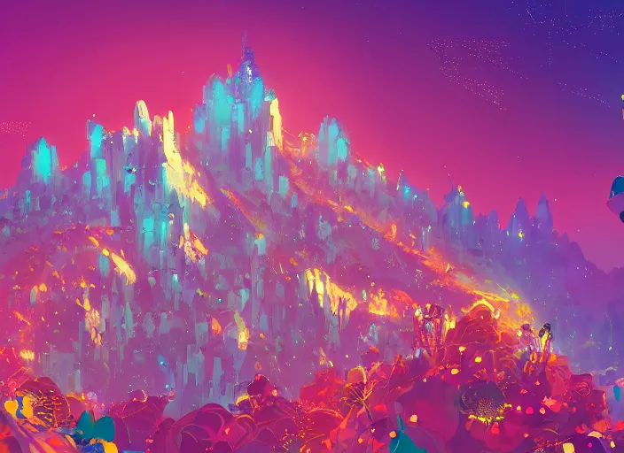 Image similar to shimmering crystal city made of diamond and rose quartz with gold decoration, sparkling in the sunlight, surrounded by flowers. trending on artstation, by anton fadeev.