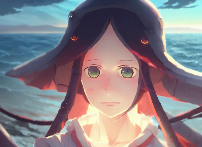 Prompt: inquisitor cute girl looking at the sea, helm of second world war warship in background, illustration concept art anime key visual trending pixiv fanbox by wlop and greg rutkowski and makoto shinkai and studio ghibli and kyoto animation, grimdark, symmetrical facial features, astral witch clothes, dieselpunk, backlit