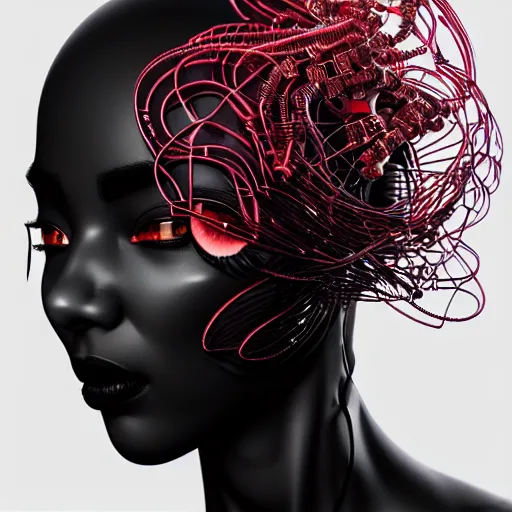 Prompt: portrait of an absurdly beautiful, graceful, sophisticated, fashionable cyberpunk mechanoid gravure idol, hyperdetailed illustration by irakli nadar, adut akech, matt wisniewski style, intricate linework, dark black porcelain skin, jellyfish headdress, unreal engine 5 highly rendered, global illumination, neon red light, detailed and intricate environment