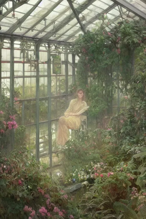 Image similar to a beautiful painting of a greenhouse, rainy, gloomy and depressed, dark, low saturation, rococo, by krenz cushart and mucha and monet, trending on artstation.