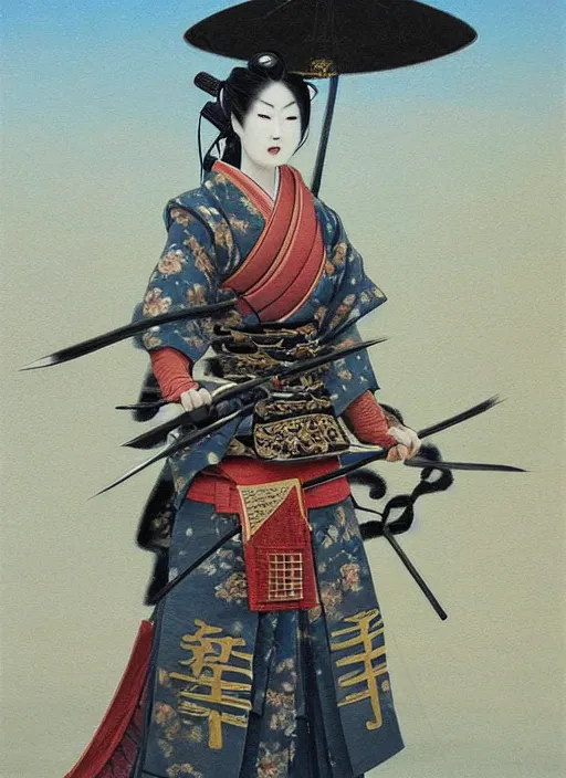 Image similar to a japanese oil painting of a beautiful samurai woman posing with a samurai sword with a diffuse pagoda in background, very aesthetic, detailed face, in the style of, greg rutkowski, boris vallejo, neal hanson, frank frazetta, goddess of war, epic fantasy character art, samurai armor, high fantasy, full length, exquisite detail low angle, masterpiece, cinematic