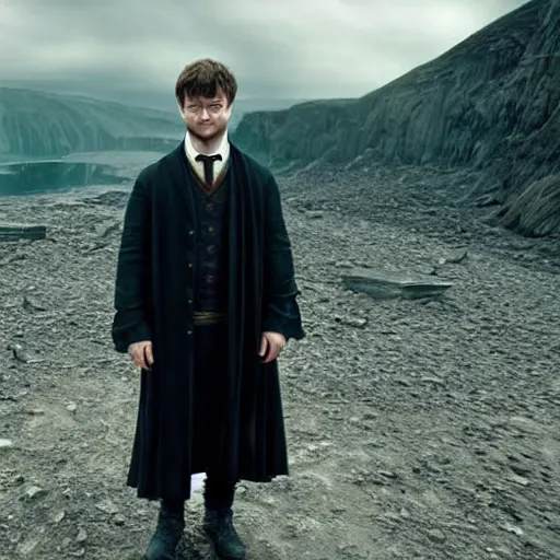 Image similar to Daniel radcliffe as harry potter, epic wide shot, cinematic shading, widescreen, directed by Christopher Nolan and Ilya Repin