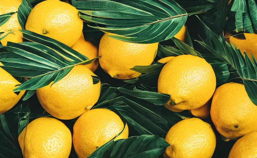 Image similar to a basket of lemons, surrounded by palm leaves, photography