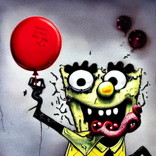 Image similar to grunge painting of spongebob with a wide smile and a red balloon by chris leib, loony toons style, pennywise style, corpse bride style, horror theme, detailed, elegant, intricate