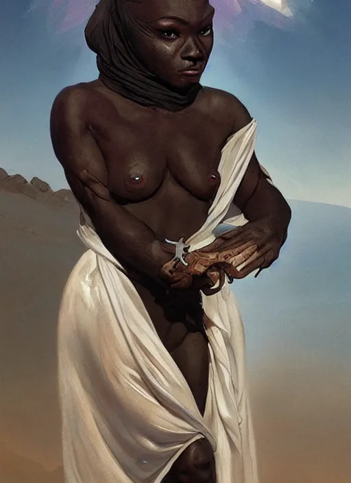 Prompt: a black humanoid frog with no hair wearing a white robe, standing in the arabian desert, trending on artstation, beautiful painting by artgerm and greg rutkowski and alphonse mucha